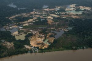 Aerial view of Amazon Rainforest with the Amazon on one side. The forest has been cut down and turned into grey ponds and mud from numerous illegal gold mining sites.