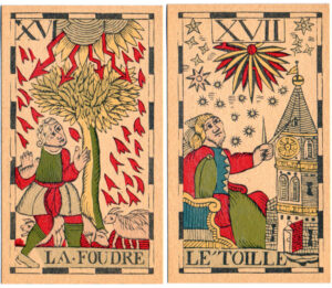 Two tarot card faces with medieval illustrations. The right hand image shows a jester standing next to a tree on fire. The left hand image shows a jester sat by a tower. The text reads La Foudre and Le Toile.