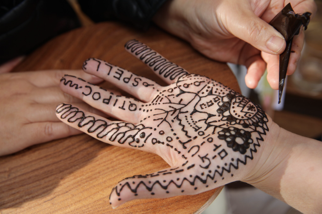 A close up of a hand having had patterns, dots, lines and the words QTIPOC and SPELL drawn on them using Henna.